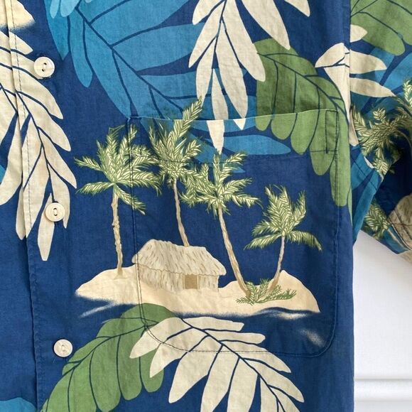 Reyn Spooner Cotton Cardboard Palms Aloha Hawaiian Shirt Blue Green Small - Picture 5 of 11